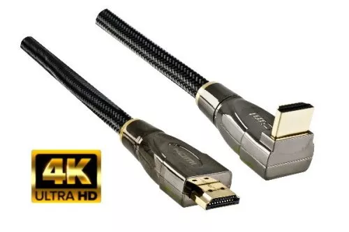 Premium HDMI kabelis, no kontaktdakšas uz kontaktdakšu 90°, DINIC Dubai Range, melns, garums 2,00 m, blistera iepakojumā