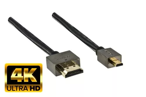 Премиум HDMI кабел, HDMI щепсел към micro HDMI щепсел, DINIC Dubai Range, черен, дължина 2,00 м, блистерна опаковка