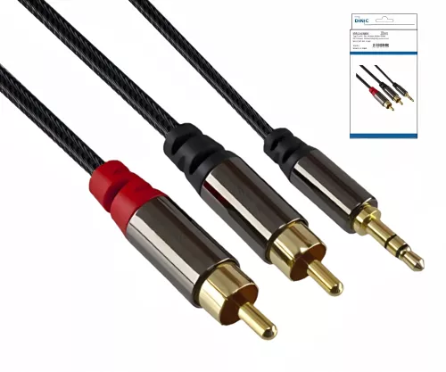 Premium audio cable 3.5mm male to 2x RCA male, DINIC Dubai Range, black, DINIC box with Euro hole, length 2m