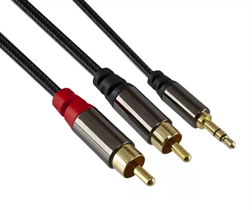 Premium audio cable 3.5mm male to 2x RCA male, DINIC Dubai Range, black, DINIC box with Euro hole, length 2m