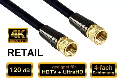 120dB Premium SAT coaxial cable F male/male, DINIC Dubai Range, gold plated, black, length 1,00m, blister