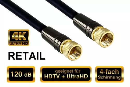 120dB Premium SAT koaxialkabel F-kontakt/kontakt, DINIC Dubai Range, guldpläterad, svart, längd 1,00 m, blisterförpackning