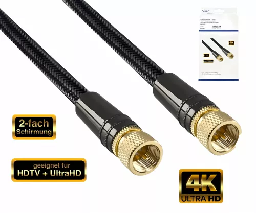 DINIC Premium SAT coaxial cable, 2x F-connectors, HD TV, Ultra HD, 24k gold-plated connectors, black, DINIC box with Euro hole, length 3m