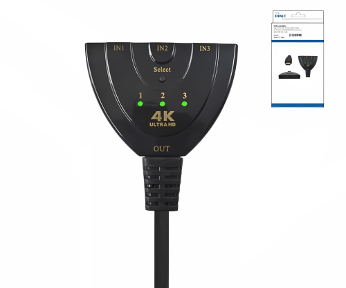 Umschaltbox automatisch 3 auf 1 HDMI, DINIC Box 3 Geräte mit HDMI Anschluss an z.B. 1 Fernsehgerät, DINIC Box mit Euroloch