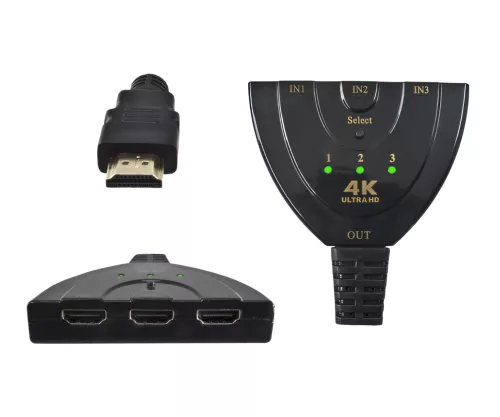 Umschaltbox automatisch 3 auf 1 HDMI, DINIC Box 3 Geräte mit HDMI Anschluss an z.B. 1 Fernsehgerät, DINIC Box mit Euroloch