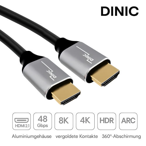 DINIC Premium HDMI 2.1 Kabel – 8K@60Hz, 48 Gbps, Aluminiumgehäuse, 3D, HDR, DINIC Polybag, 2m