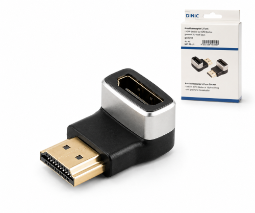 DINIC HDMI-A adapteris, 90° leņķis apakšā, 8K, metāla HDMI-A kontaktligzda ar kontaktdakšu, 8K 60Hz / 4K 120Hz, DINIC kaste ar Euro caurumu