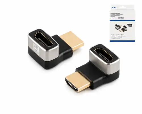 DINIC HDMI-A-sovitin, 90° kulma ylhäällä, 8K, metallinen HDMI-A-pistorasia pistokkeeseen, 8K 60Hz / 4K 120Hz, DINIC-kotelo, jossa on euroreikä