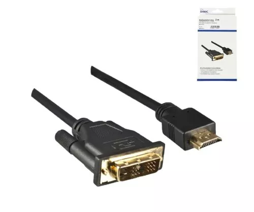 HDMI kabelis no A kontaktdakšas uz DVI-D kontaktdakšu, ar zeltītiem kontaktiem, melns, garums 2,00 m, DINIC kaste