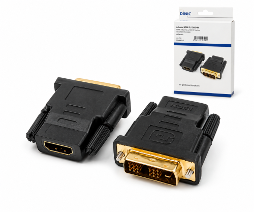 HDMI adapteris no A tipa 19-pin kontaktligzdas uz DVI kontaktdakšu ar zeltītiem kontaktiem, melns, DINIC kaste ar Euro caurumu