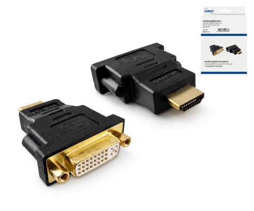 HDMI adapteris, A tipa kontaktdakša uz DVI kontaktligzdu HDMI 19 kontakti, ar zeltītu pārklājumu, melns, DINIC kaste ar Euro caurumu