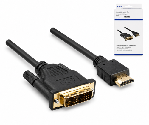 HDMI kábel A dugó DVI-D dugóhoz, aranyozott érintkezőkkel, fekete, DINIC doboz Euro lyukkal, hossza 2,00m