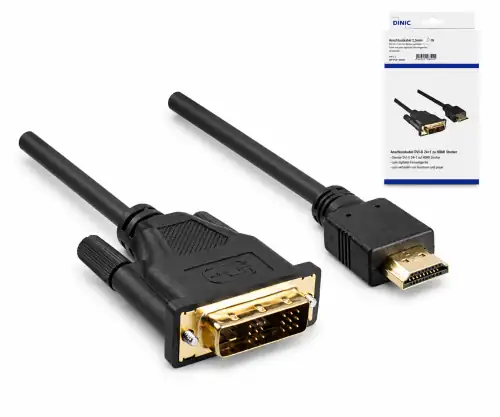 HDMI-kabel A-stik til DVI-D-stik, guldbelagte kontakter, sort, DINIC-boks med Euro-hul, længde 2,00 m