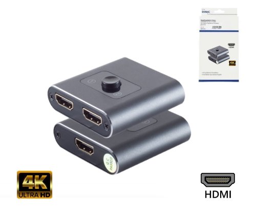 DINIC HDMI switch 2x1, bidirectional, metal 4K60Hz, metal, space grey, DINIC box with Eurohole