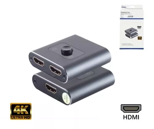 DINIC HDMI slēdzis 2x1, divvirzienu, metāla 4K60Hz, metāla, kosmosa pelēks, DINIC kaste