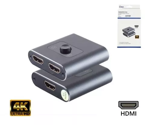 DINIC HDMI switch 2x1, bidirectional, metal 4K60Hz, metal, space grey, DINIC box with Eurohole