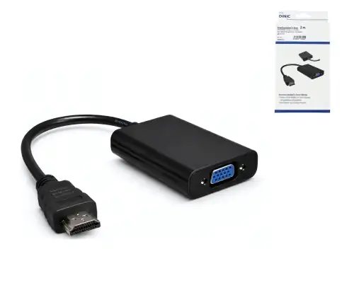 Adapter HDMI typu A z 19-stykową wtyczką do gniazda VGA, z gniazdem audio, czarny, DINIC box z otworem Euro