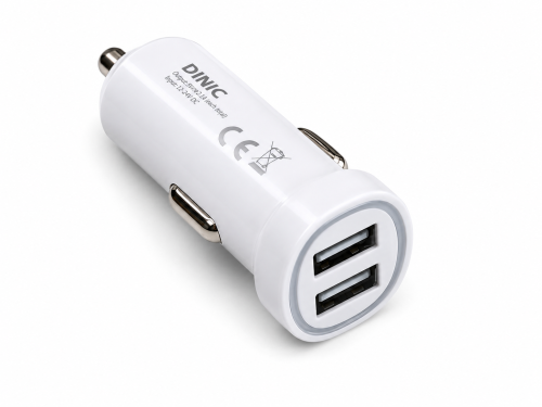 iPhone/iPad USB Ladeadapter + Lightning Kabel, Car Kit, 12V, 2x USB 5V 3100mA, MFI zertifiziert, weiß, DINIC Box mit Euroloch, 1m
