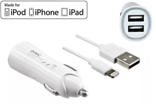 iPhone/iPad USB Ladeadapter + Lightning Kabel, 1m Car Kit, 12V, 2x USB 5V 3100mA, MFI zertifiziert