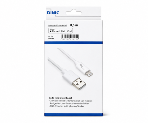 USB A auf Lightning Kabel, weiss, DINIC Box mit Euroloch, 0,5m