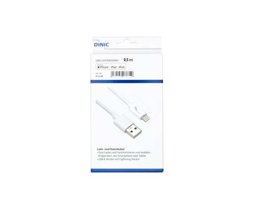 Cavo da USB A a Lightning, bianco, scatola DINIC con foro Euro, 0,5 m