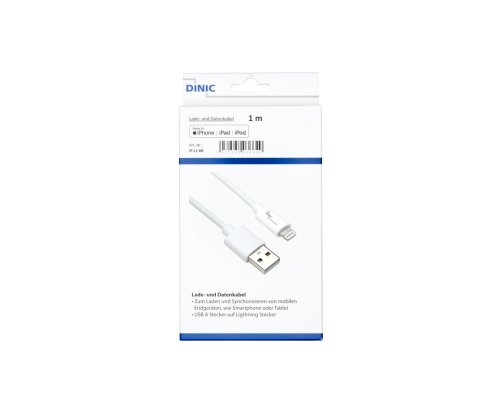 USB A és Lightning kábel, fehér, DINIC doboz Euro lyukkal, 1m