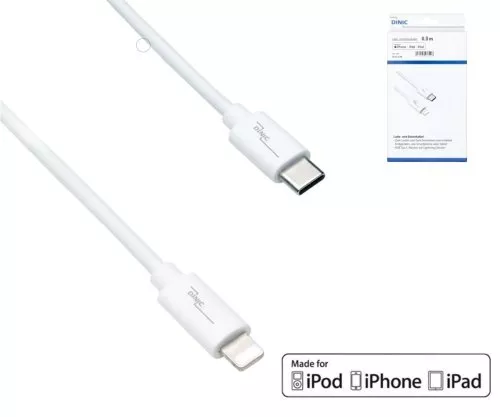 USB C to Lightning cable, MFi, box, white, 0.50m MFi certified, sync and quick charge cable