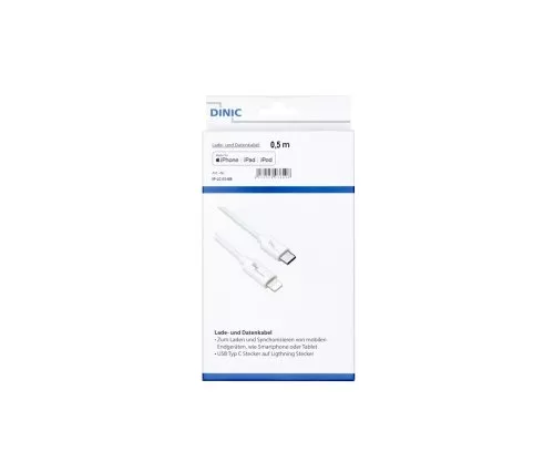 USB C to Lightning cable, MFi certified, sync and fast charging cable, white, DINIC box with Euro hole, 1m