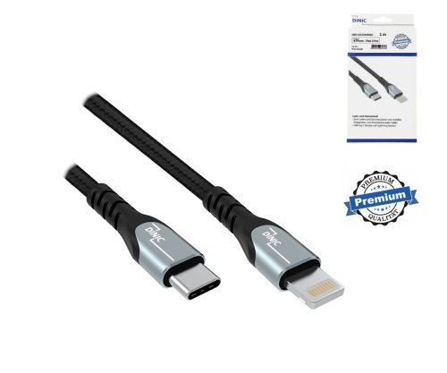 Καλώδιο USB C σε Lightning HQ, πιστοποιημένο MFi, καλώδιο συγχρονισμού και γρήγορης φόρτισης, μαύρο, κουτί DINIC με οπή Euro, 1m