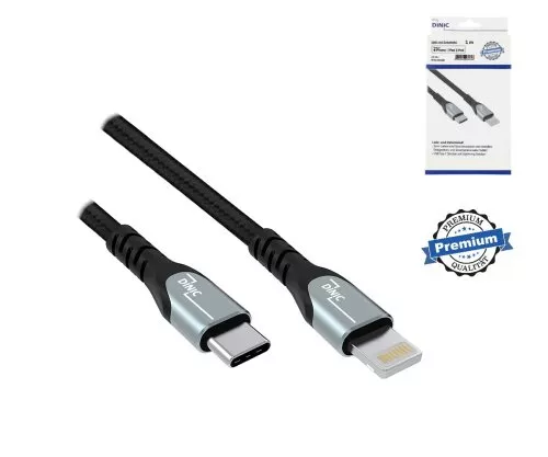 USB C to Lightning HQ cable, MFi certified, sync and fast charging cable, black, DINIC box with Euro hole, 1m