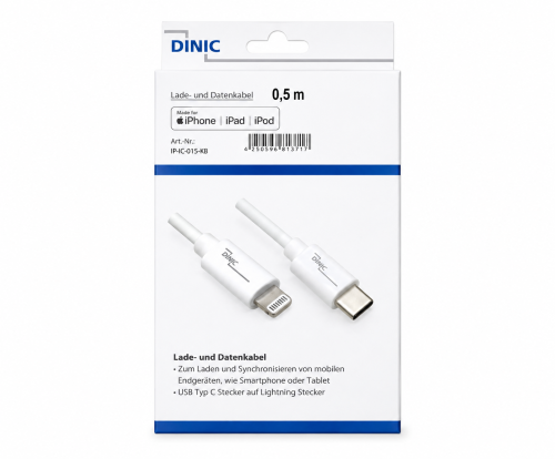 USB C auf Lightning Kabel, MFi zertifiziert, Sync- und Schnellladekabel, weiß, DINIC Box mit Euroloch, 2m