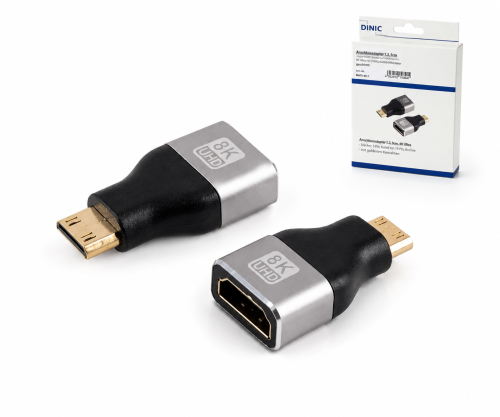 DINIC HDMI-C (mini) adapter, HDMI-A aljzat, 8K 8K (60Hz), 4K (120Hz), HDMI 2.1, alumínium, DINIC doboz Euro lyukkal