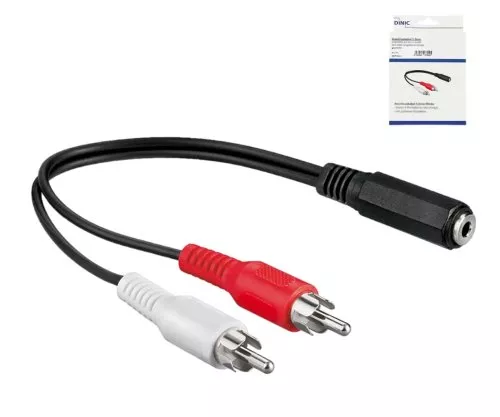 Audiokabel 3,5mm Buchse auf 2x Cinch Stecker, schwarz, DINIC Box mit Euroloch, Länge 0,20m