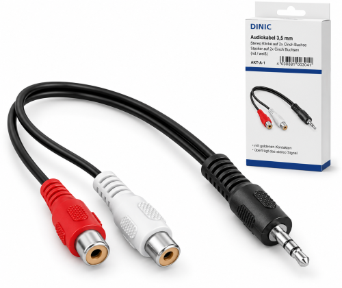 DINIC Audioadapter 3,5mm Stereoklinke auf 2x Cinch Buchse, schwarz, DINIC Box mit Euroloch, Länge 0,20m