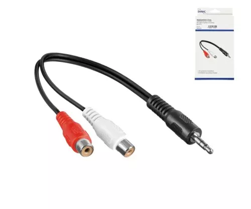 DINIC audio-adapter 3,5mm stereo jack naar 2x RCA jack, zwart, DINIC doos met Euro gat, lengte 0,20m