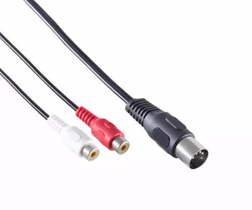 DINIC DIN plug to stereo RCA socket, black DIN plug. 180° (5-pin) to 2x RCA socket, box