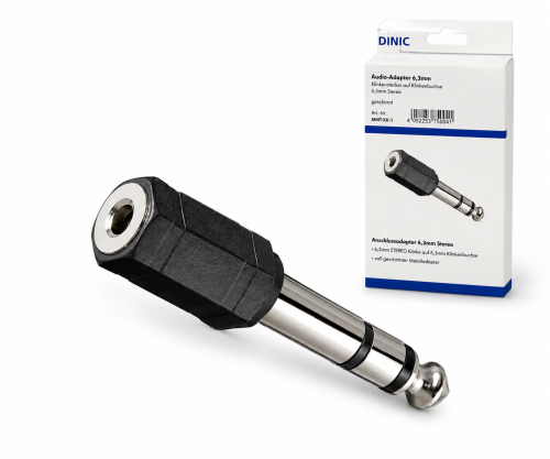 Audio adapter: 6.35mm stereo plug to 3.5mm socket, black, DINIC box with Euro hole