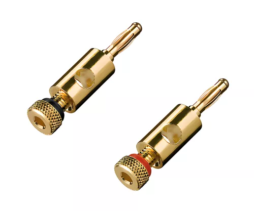 Bananenstecker-Set mit Schraubanschluss / 2 Stück vergoldet, 4mm, Farbring 1x rot u. 1x schwarz, box
