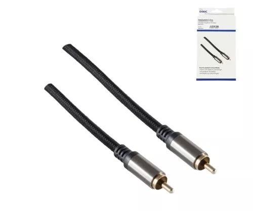 HQ RCA coaxiale kabel, textielstof, RCA plug - RCA plug, kabeldiam. 5.8mm, zwart, DINIC doos, lengte 2.50m