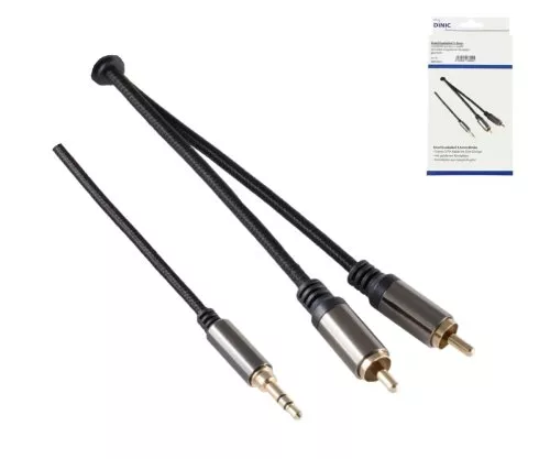 HQ jack naar cinch adapterkabel, 3,5mm jack plug 3pin naar 2x cinch plug, zwart, DINIC doos met Euro gat, lengte 1,50m