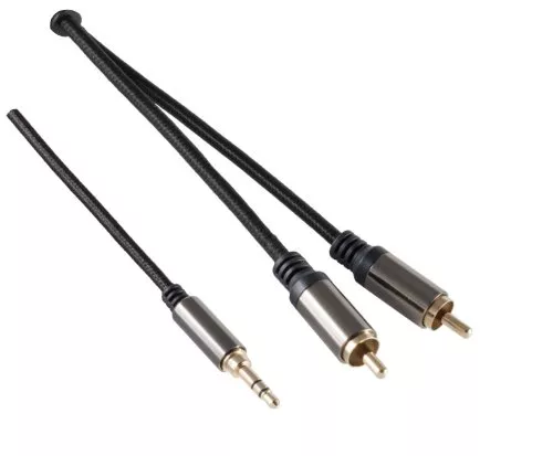 HQ jack naar cinch adapterkabel, 3,5mm jack plug 3pin naar 2x cinch plug, zwart, DINIC doos met Euro gat, lengte 1,50m