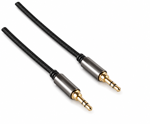 Cablu jack HQ 3.5mm, material textil, mufă jack 3.5mm la mufă jack 3pin 3.5mm, negru, cutie DINIC cu gaură Euro, lungime 0.50m
