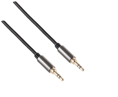 HQ jack cable 3.5mm, textile fabric, 3.5mm jack plug to 3.5mm jack plug 3pin, black, DINIC box with Euro hole, length 0.50m