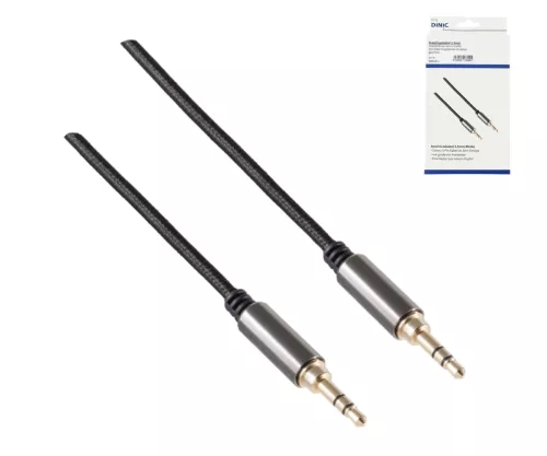 HQ jack cable 3.5mm, textile fabric, 3.5mm jack plug to 3.5mm jack plug 3pin, black, DINIC box with Euro hole, length 1.00m