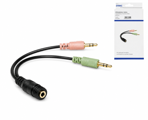 Y-Adapter 4pin Buchse auf 2x 3pin Stecker, 3,5mm Klinkenbuchse/2x 3,5 mm Klinkenstecker, schwarz, DINIC Box mit Euroloch, Länge 0,15m