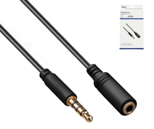 DINIC audio extension 3.5mm 4pin jack, 4-pin jack extension, plug to socket, black, DINIC box with Euro hole, length 3.00m