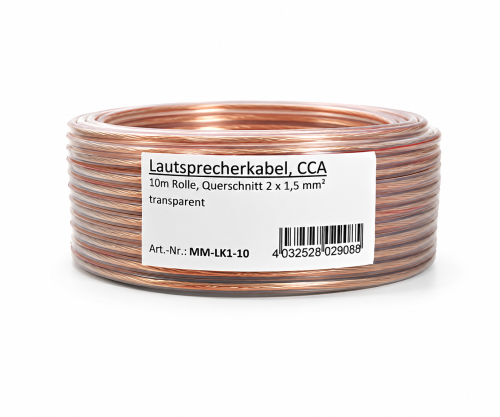 Lautsprecherkabel transparent CCA, 10m Rolle, Querschnitt 2 x 1,5 mm², 10,00m