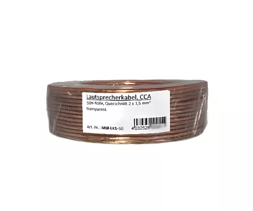 Kaiutinkaapeli läpinäkyvä CCA, 50m rulla, poikkileikkaus 2 x 1,5 mm², 50,00m
