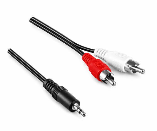 Audiokabel 3,5mm Stecker auf 2x Cinch Stecker, schwarz, DINIC Box mit Euroloch, Länge 1,00m