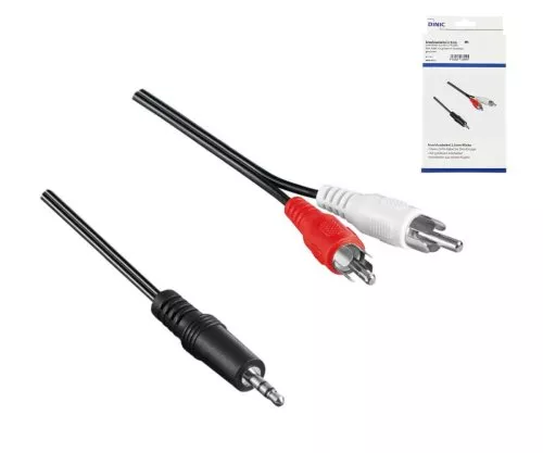 Audiokabel 3,5mm Stecker auf 2x Cinch Stecker, schwarz, DINIC Box mit Euroloch, Länge 2,00m